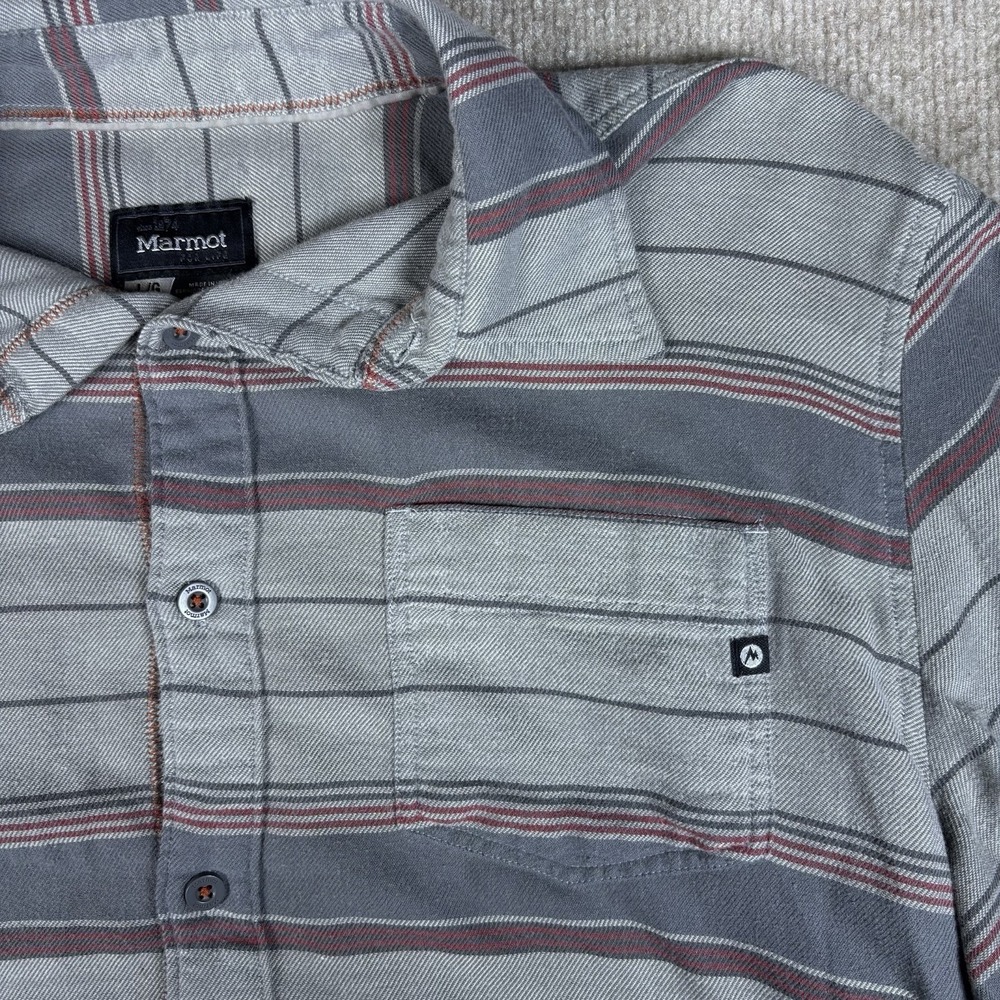 Marmot For Life Button Up Shirt Mens Large Gray Striped Long Sleeve Cotton Blend - Picture 2 of 12